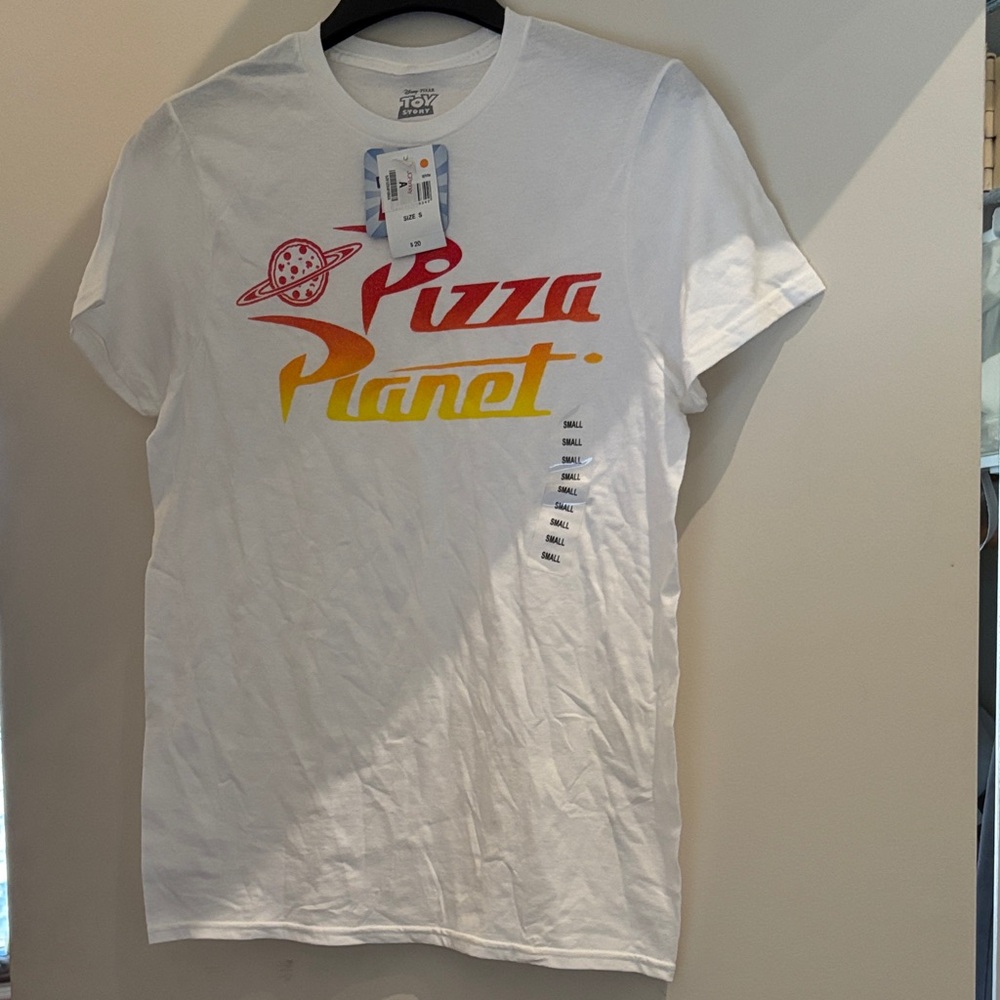 Disney Toy Story Pizza Planet White Graphic Tee with Red-to-Yellow Logo